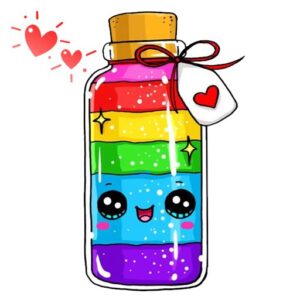create a cartoon journal Cute bottle of coloured sand with a cork & heart tag