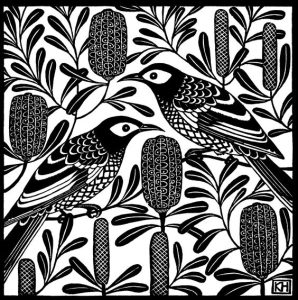 Birds & banksias lino print