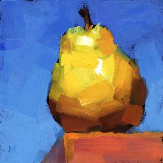 adult art classes pear on corner of table blue background