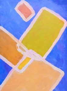 Abstract painting using yellow & purple, basic shapes & overlapping