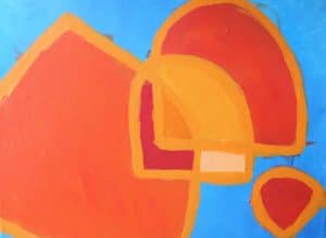 Abstract painting using simple shapes & overlapping, semi ovals & blue & orange, acrylic