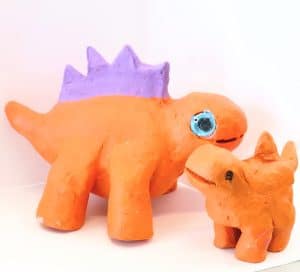 mum & bub dinosaur, clay sculpture orange with purple scales