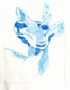 Etching of a deer wearing a crown, unusual angle in blue
