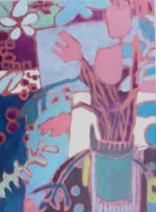 Still life painting semi abstract blues, purples & pinks