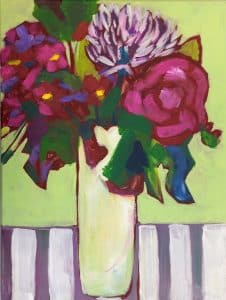 Still life painting in acrylics, roses & dahlias in a cream vase on a blue & white stripped tablecloth