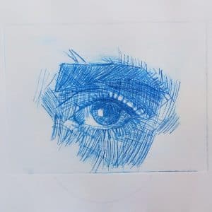 Etching in blue of close up of eye using hard plastic as the plate