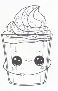 Cartoon drawing of cup with face arms & whipped cream on top