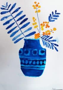 Ink painting in yellow & blue, vase with wattle