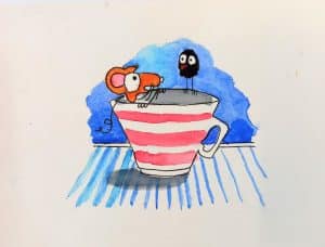 Mouse relaxing in a teacup with bird perched on rim