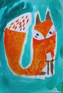 Ink painting cute fox in orange & turquoise