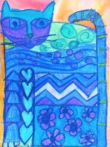 Colourful cat design in oil pastel