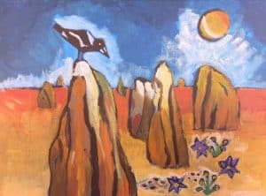 acrylic painting of termite mounds with magpie