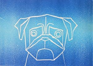 pug relief print with blue graduation