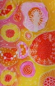 Abstract ink painting in yellow orange & pink with posca pen patterns