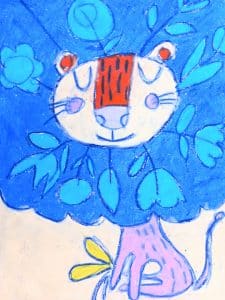 Oil pastel of lion witha mane of flowers