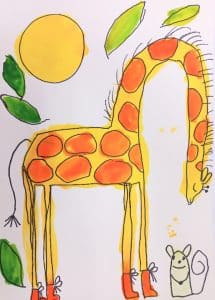 Giraffe talking to mouse in ink