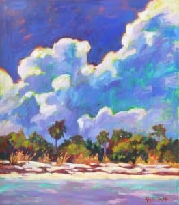 tropical paradise with billowing clouds acrylic paint