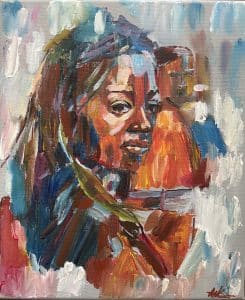 Portrait of young woman in acrylics