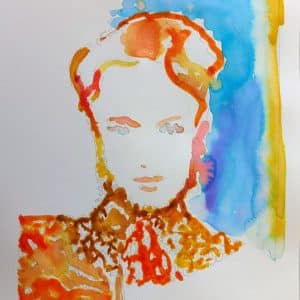 Stylised portrait in ink in blue & orange