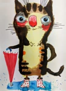 Cat in gum boots with umbrella