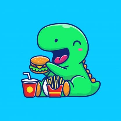 Cute dinosaur eating hamburger & chips