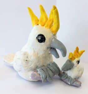 Cockatoo clay sculpture painted in acrylics