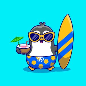 Penguin with cocktail & surfboard cartoon