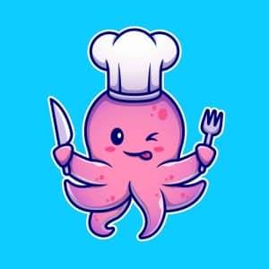 Octopus in chefs hat with knife & fork