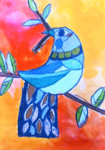 Bird in oil pastel & ink
