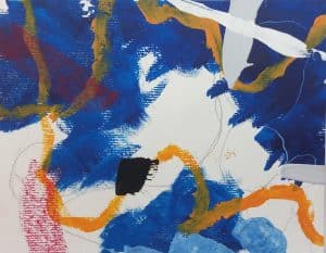 Abstract painting in blue, red & yellow-orange