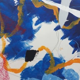 Abstract painting in blue, red & yellow-orange