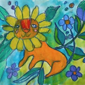 Lion with petal mane in oil pastel & ink