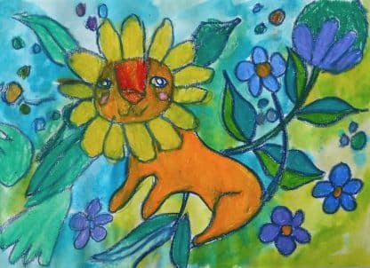 Lion with petal mane in oil pastel & ink